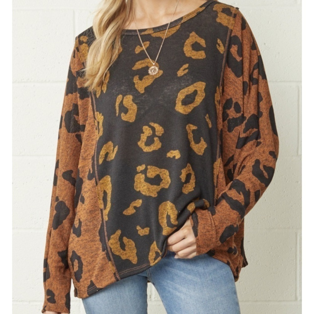 ENTRO Boho Mixed Leopard Print Oversized Dolman Sleeve Lightweight Sweater Top - Picture 2 of 14